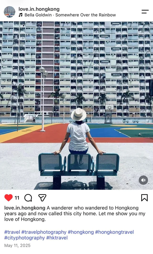 Sophia's first @love.in.hongkong post, 11 May 2025: a woman in a white hat, seen from behind, sitting on a bench at the Choi Hung Estate basketball court