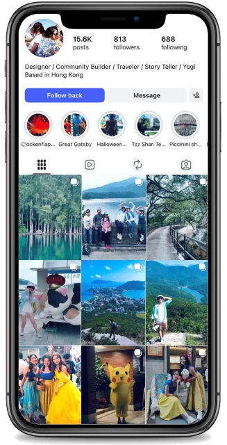 A phone showing Sophia's personal Instagram profile: 15.6K posts, 813 followers, 688 following