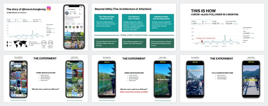 Six slides from the lecture: Instagram growth charts, phone frames and an experiment comparing two reels