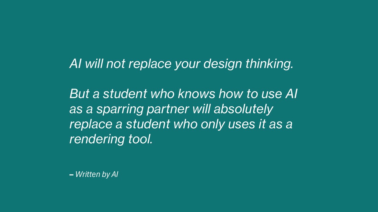 A teal slide with a quote about AI and design thinking, signed 